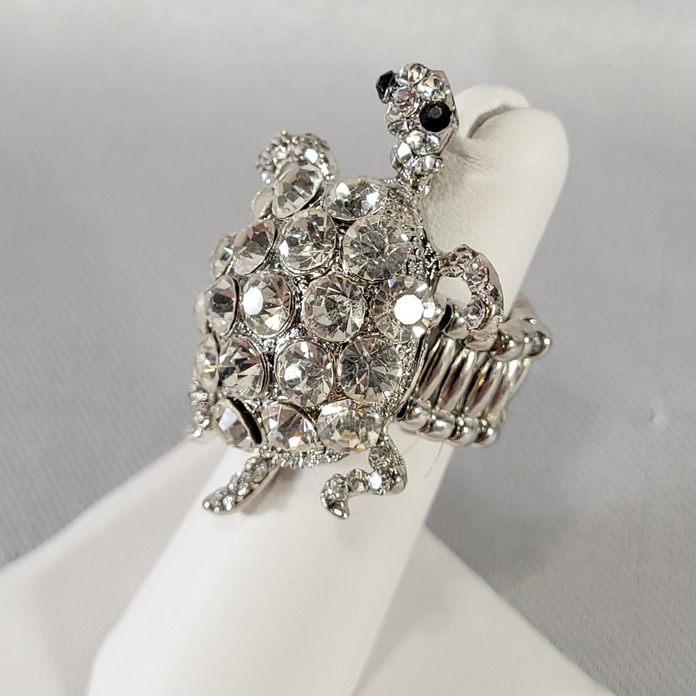 Rhinestone Turtle Ring Women Silver Tone Clear Stones Stretchy Sea Life Jewelry‎